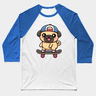 Kawaii Pug Puppy on Skateboard Cute Pug Lover Baseball T-Shirt